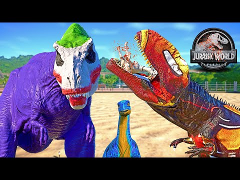 Ironman Giganotosaurus vs Joker T-REX, Spiderman I-REX, Batman Indoraptor 🌍 JURASSIC WORLD EVOLUTION