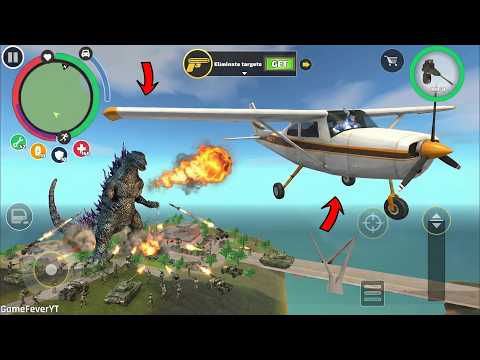 Rope Hero Vice Town (Godzilla throws fireball on chopper) Rope Hero is zick zack flying the chopper)