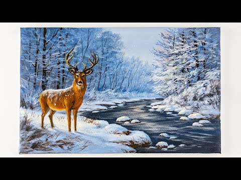 Winterhirsch Acrylmalerei-Tutorial: Realistische Waldlandschaft [Komplette Demonstration]