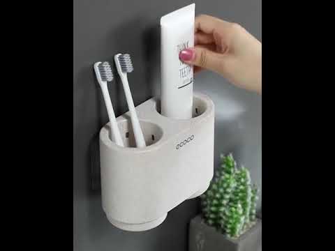 Держатель для зубных щеток двойной с двумя чашками на магните настенный из эко пластика ЕСОСО (ЕО-27892) Video #1