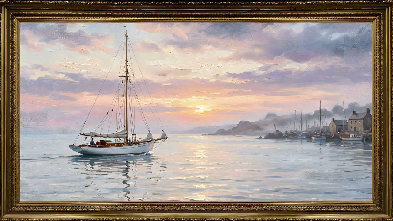 Sailboat at Dawn Oil Painting ⛵ 4K Frame TV Art 2 Hours | Coastal Calm Ambience in Gold Frame — 4K ambient art screensaver in baroque gold frame