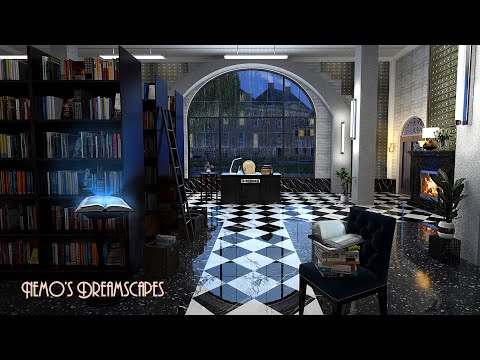 The Magicians Library Ambience - Classical Music Playing in Another Room w/ Rain and Fireplace ASMR