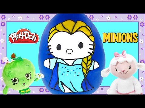 Hello Kitty as Frozen Elsa Play Doh Giant Surprise Egg Shopkins Minions Disney Toys by DCTC