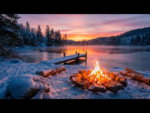Sitting by a Campfire 🔥 Winter River Sunset & Natural Crackling Fire Sounds