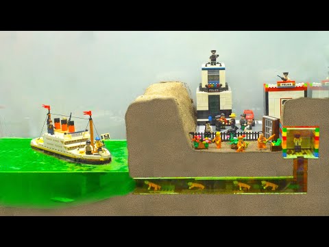Dam Collapses Diorama and Titanic Lego Ship Sinks - Lego City Prison Break with Titanic Fail