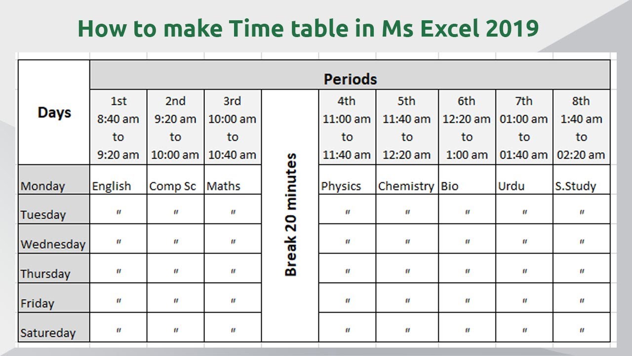 How to make time table in Microsoft Excel 2019 || School Time table in Excel Sheet Download