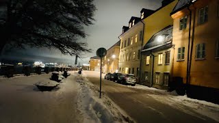 Stockholm Walks: Söders Höjder. Serene winter night in historic area of Södermalm.