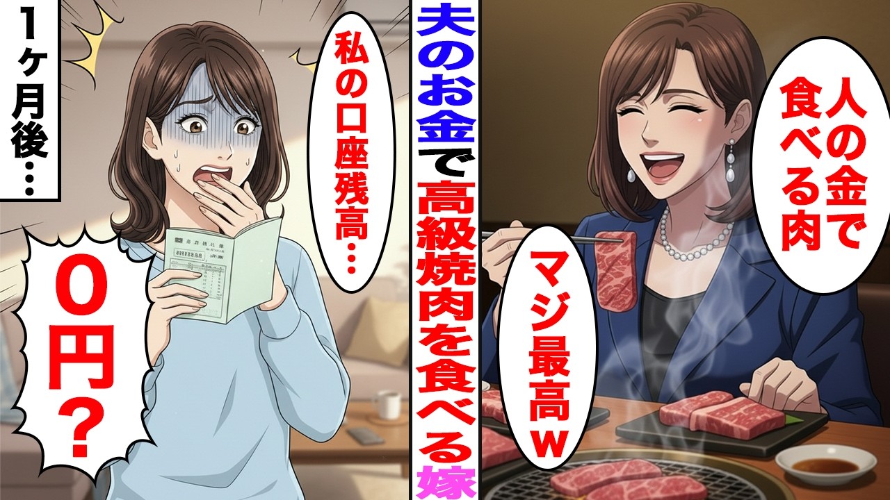 【漫画】「カード借りるねｗ」夫に冷えた飯を食べさせて自分は高級焼肉を食べる嫁→食後、夫のカードではなかった事を知った結果…【スカッと】【ママスカ】