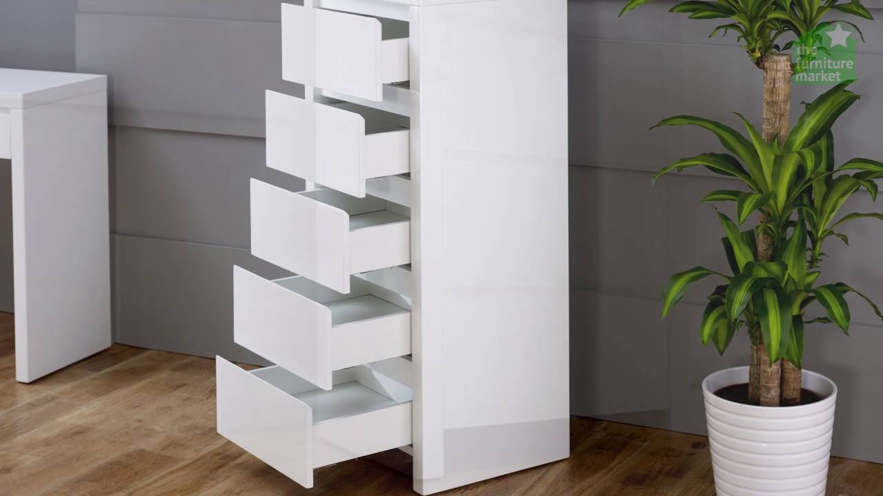 White High Gloss 5 Drawer Tallboy Narrow Chest