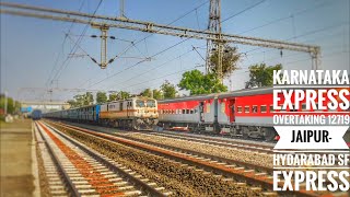 preview picture of video 'Karnataka Express overtaking 12719 Jaipur-Hyderabad SF Express at Talvadiya with full honking & mps'