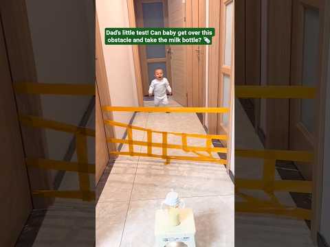 Dad's little test! Can baby get over this obstacle and take the milk bottle? 🍼 #shorts #baby