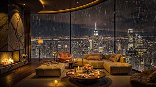 Manhattan Rainy Skyline 🌧️ Smooth Jazz & Warm Fireplace for Peaceful Nights