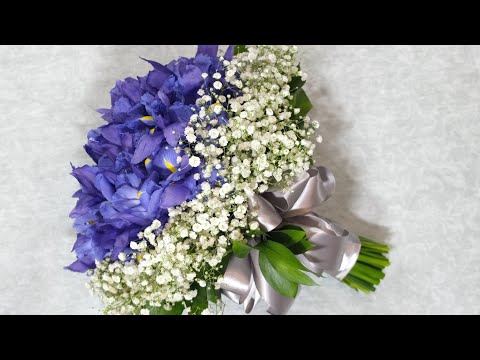 How to arrange bridal bouquet with blue irises. Video