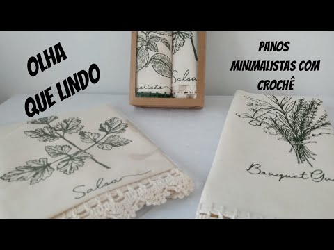 Panos de prato cru minimalistas com barrado e bico em crochê ótima opção de presente no final de ano