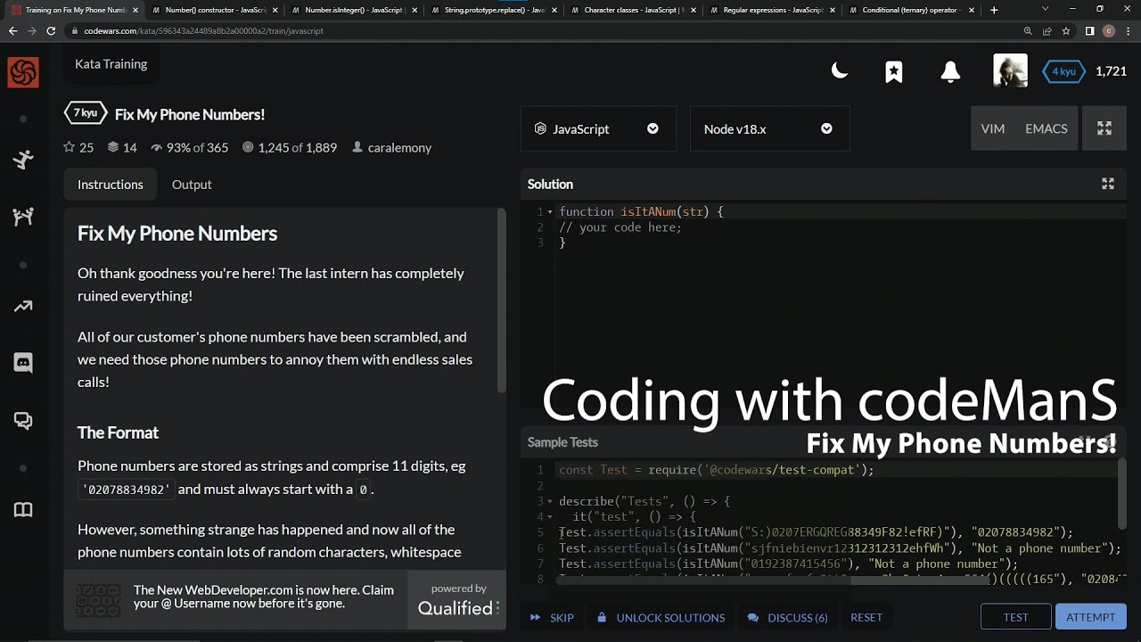 Codewars 7 kyu Fix My Phone Numbers! Javascript