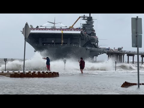 08-22-23 Corpus Christi, TX - Flooding near USS Lexington - Waves Breaking Seawall
