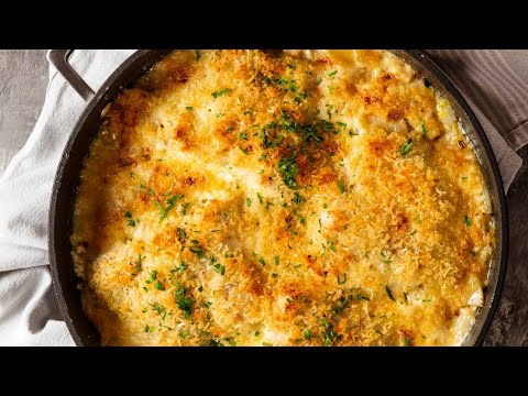 Creamy baked fish on potato gratin