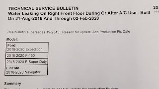 2018 - 2020 Ford F150, Expedition, Navigator, F-Super Duty Water In Passenger Floor TSB 20-2170