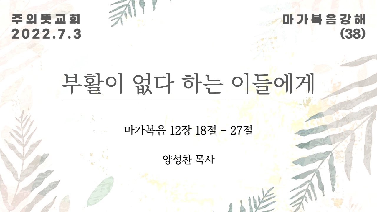 마가복음 강해(38), 부활이 없다 하는 이들에게, 마가복음 12장 18 - 27절, 양성찬 목사, 주의뜻교… 영상 썸네일