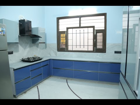 Modern wooden sky blue pvc acrylic modular kitchen