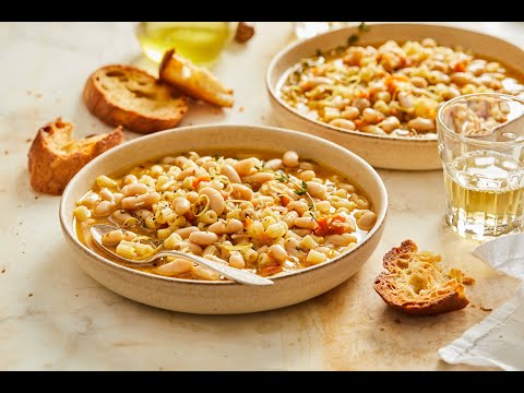 Brothy Beans and Pasta with Pesto Drizzle