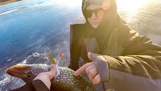 Her FIRST TIME Ice Fishing with Tip Ups! FISH ON!