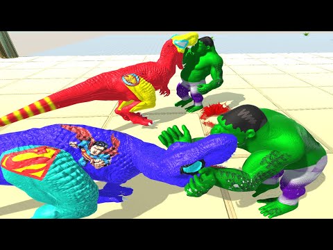 TEAM SUPERHEROES SUPERMAN & IRON MAN T REX DEATH FALL - Animal Revolt Battle Simulator