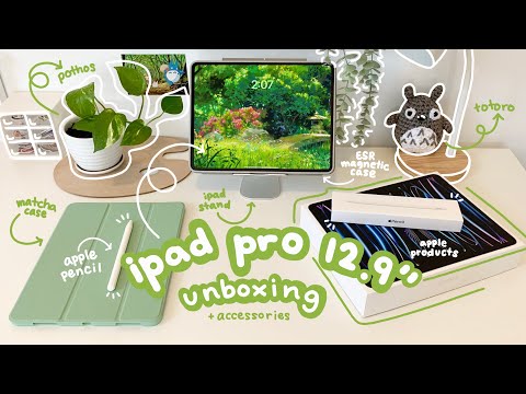 ipad pro 12.9” m2 unboxing 2023 🤍🌿 apple pencil 2 + accessories