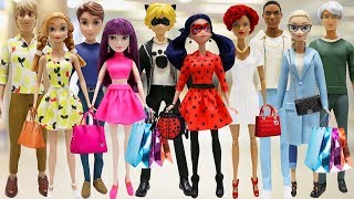Play Doh Shopping Outfits Barbie Ken  Ladybug  Cat Noir Mal  Ben Anna Kristoff Elsa Jack Frost
