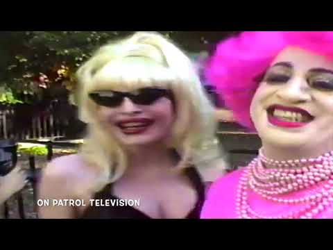 Amanda Lepore and Brandy Wine have a laugh filming On Patrol TV in the 1990's