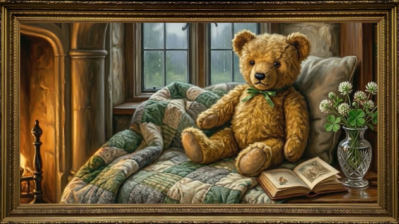 Cozy Teddy Bear Celtic Cottage - Rainy Day - 4K — 4K ambient art screensaver in baroque gold frame