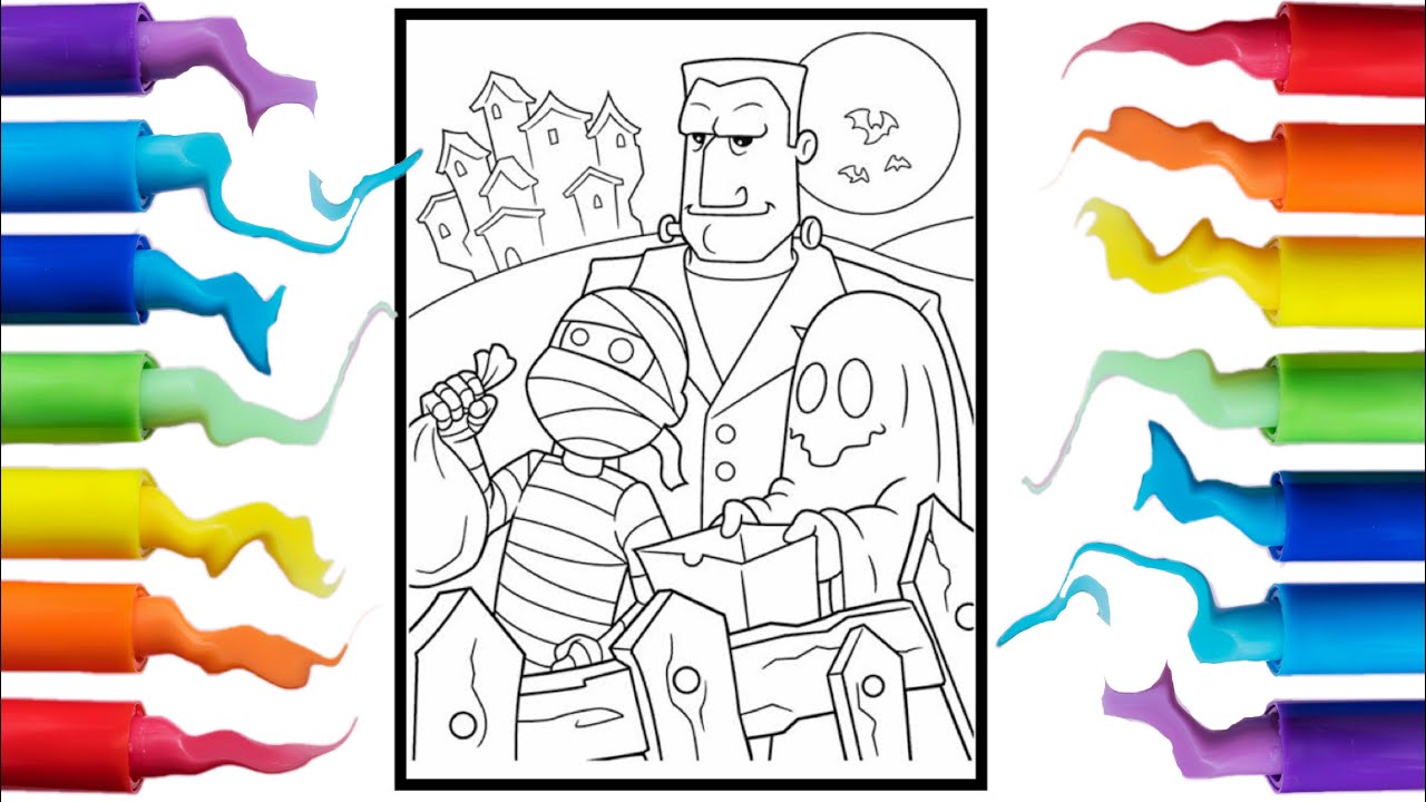 Horror coloring pages | Halloween coloring pages Frankenstein, ghost and mummy