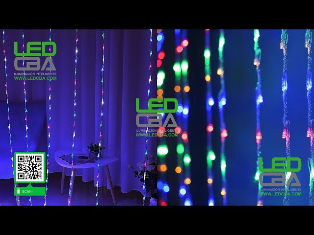 Vídeo relacionado con IXTRIMA Cortina de luz de 120 LED de 3 m, luz azul, cable blanco, IP65, extensible, con cables colgantes en longitudes alternas (30-70-40-60 cm) para efecto cascada