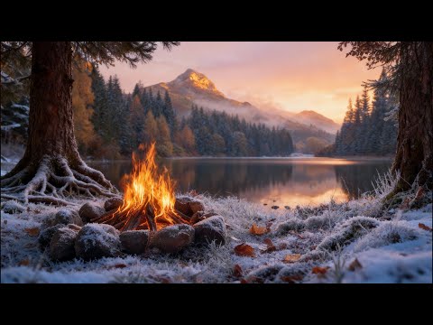 Winter Campfire Ambience by the Frozen Lake ❄️ Crackling Fire & Peaceful Nature Sounds