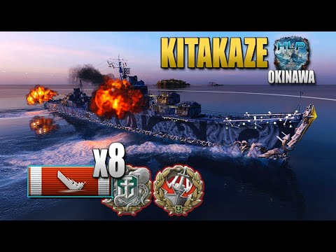 Kitakaze on map Okinawa, 8 ships destroyed - World of Warships