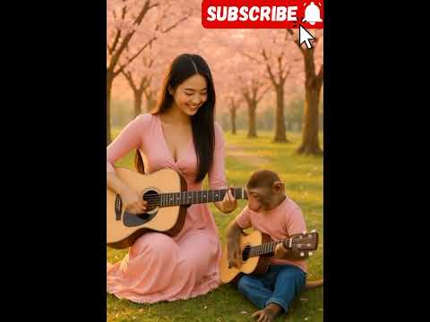 Viral video of a beautiful girl and a monkey playing guitar in a Japanese cherry blossom park#shorts
