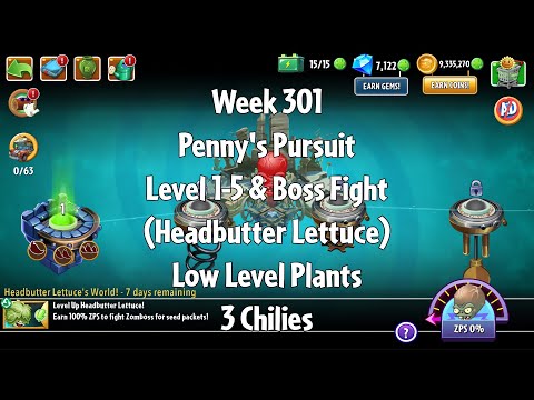 PvZ2 Penny's Pursuit Week 301 (Headbutter Lettuce) - Level 1-5 & Boss Fight - 3 Chilies