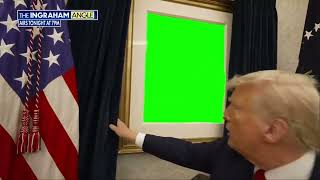 Donald Trump opens the curtains to show a green screen