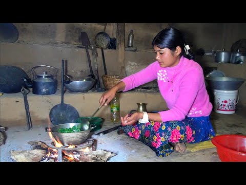 Simple Village Cooking in Nepal ||Green Leafy Saag & Roti Recipe||