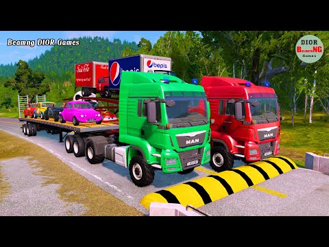 Double Flatbed Trailer Truck cars vs rails tractor vs train cars vs bollards Beamng Drive 407