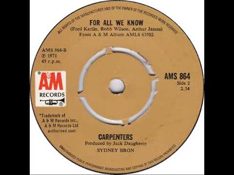 UK New Entry 1971 (165b) Carpenters - For All We Know
