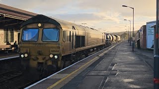 Freightliner Group + Colas Rail 66544 + 66848 passing Caerphilly on 25th October 2025 on the RHTT