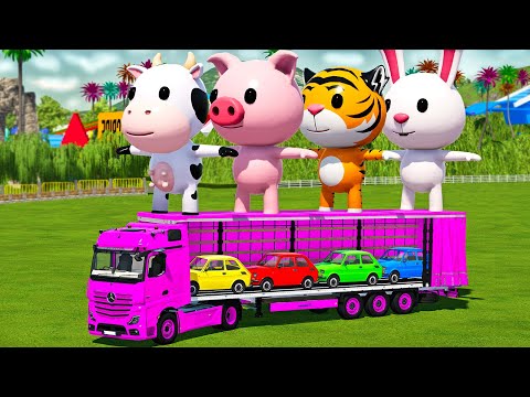 TRANSPORTING TIGER, COW, RABBIT, PIG & FIAT MINI CARS WITH MERCEDES TRUCK - Farming Simulator 22