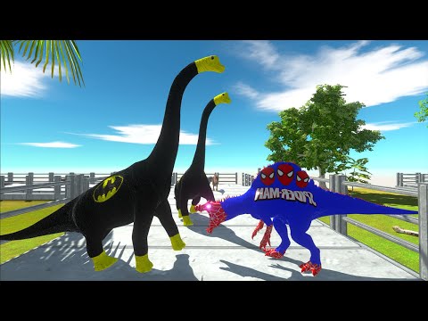 SPIDERMAN SPINO VS 2X BATMAN BRACHIO & SUPERMAN BRACHIO DEATH RUN - Animal Revolt Battle Simulator