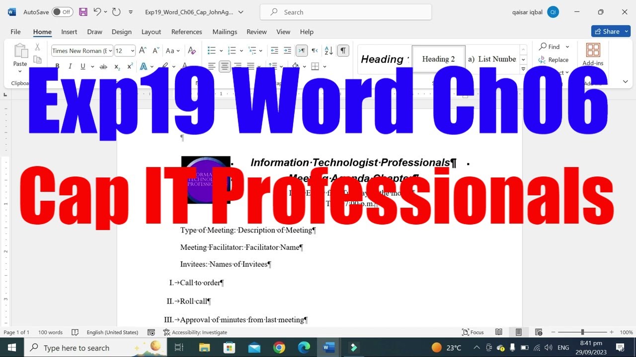 Exp19_Word_Ch06_Cap_IT_Professionals | Exp19 Word Ch06 Cap JohnAgenda.docx | @PearsonSolution