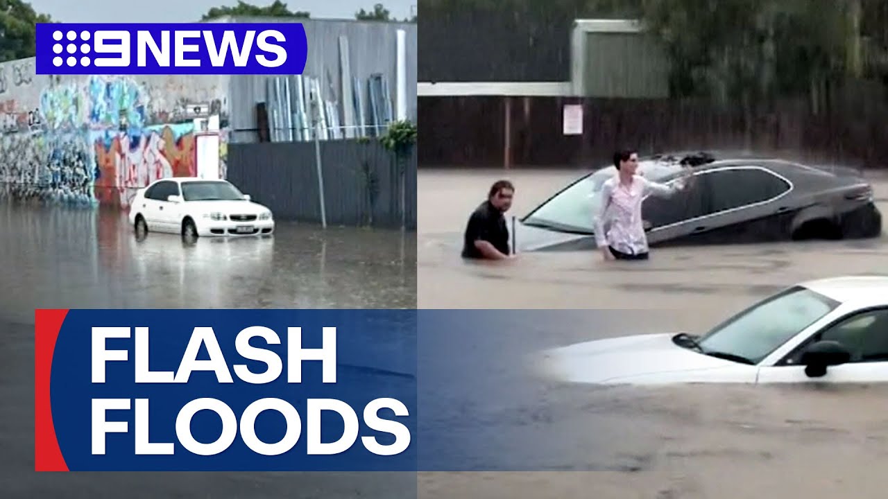 Downpours cause flash flooding in parts of Queensland | 9 News Australia