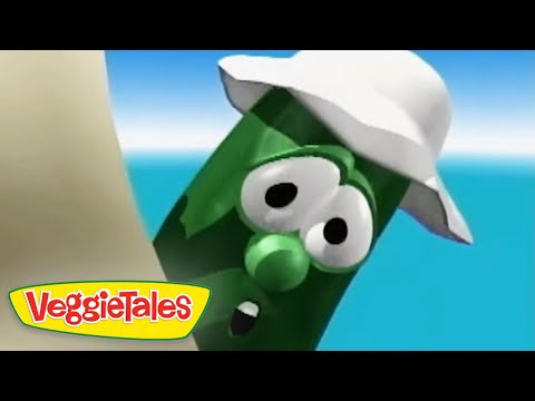 Green bean cartoon character from VeggieTales wearing a white chef's hat, with a surprised expression and the VeggieTales logo in the corner.