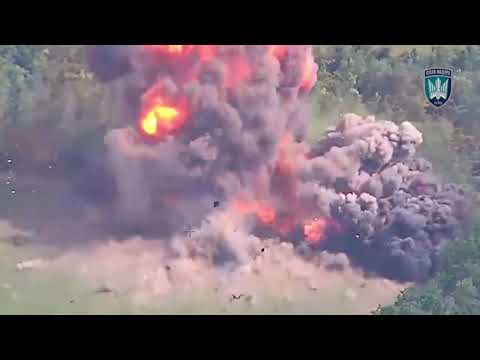 A Russian BM21 Grad MLRS is destroyed in a catastrophic explosion after being hit by a Ukrainian FPV