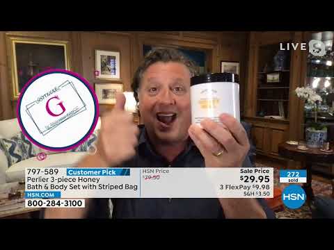 Perlier – 3-teiliges Bade- und Körperset „Honig“ mit gestreifter Tasche