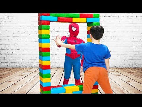 Ali and his little sister Pretend Play With Colored Brick, kids made Magic Mirror Fun Video